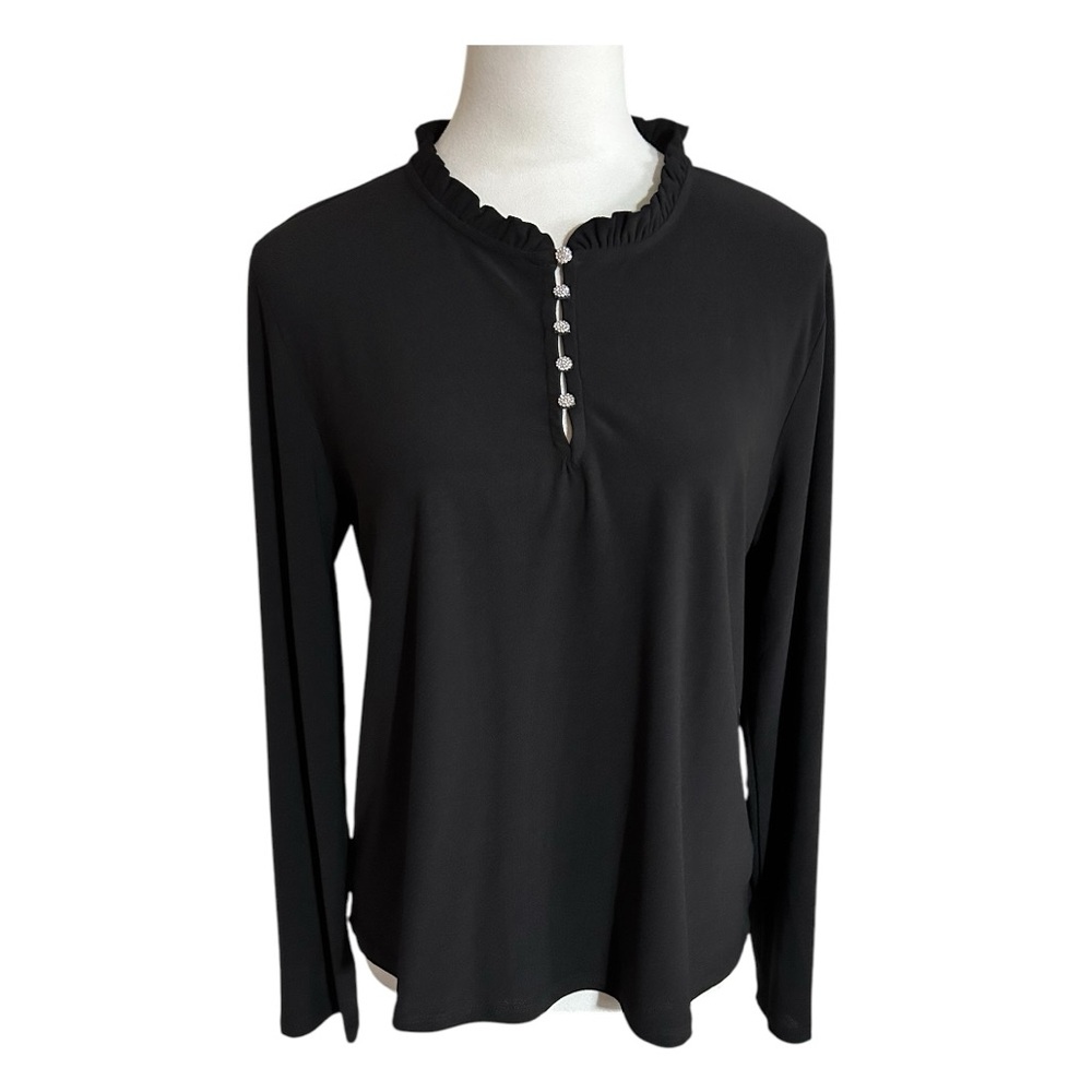Elegant CeCe Black Ruffled Women's Top with Rhinestone Bottons
